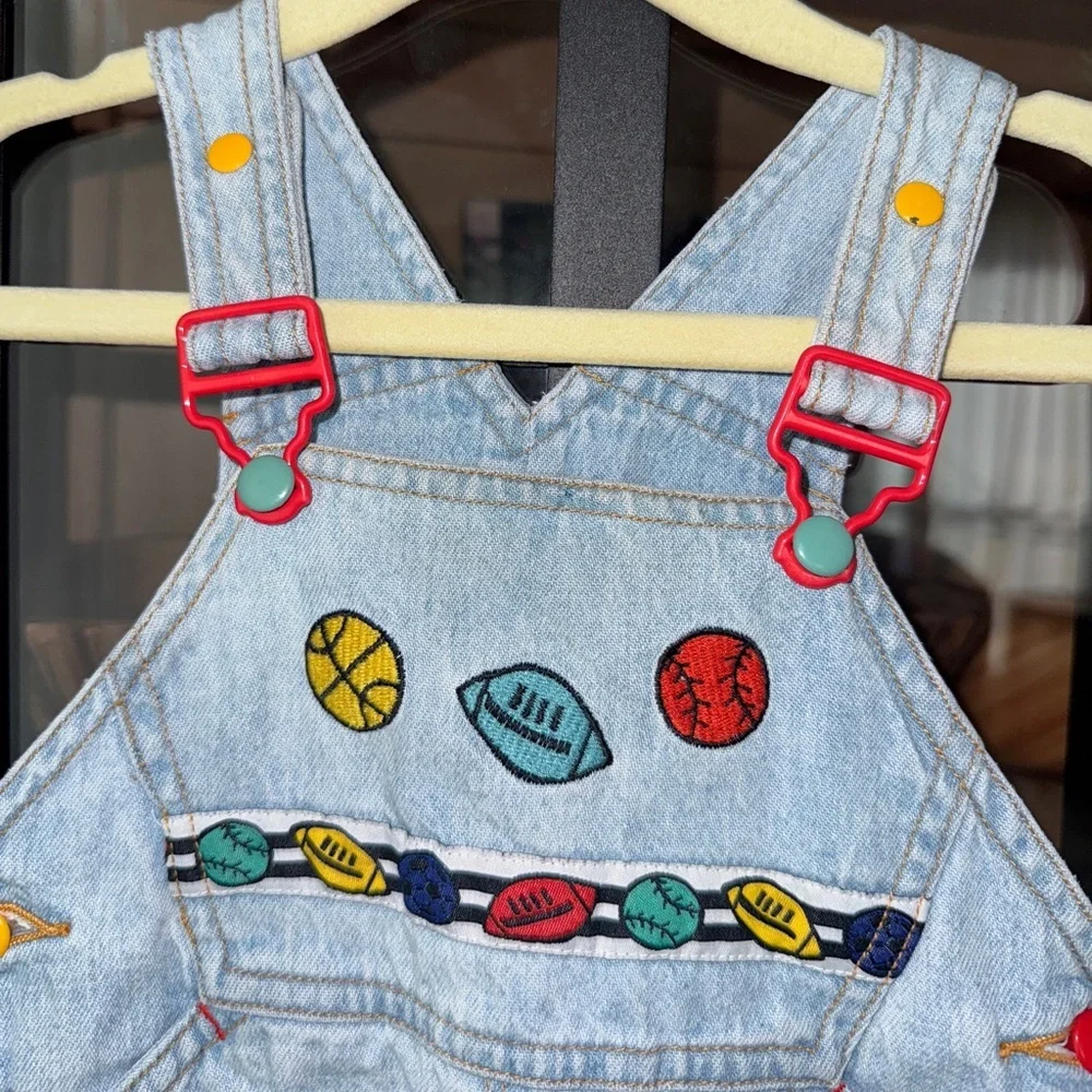 Vintage 90s Gymboree overalls denim embroidered football baseball colorful baby